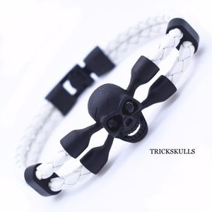 Womens Steel & Leather WHITE Braided Skull Bangle Bracelet 8 1/4” New & Sealed!